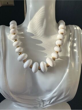 NAPIER Signed White Graduated Beaded Gold Accents Necklace Spring Ring Clasp.